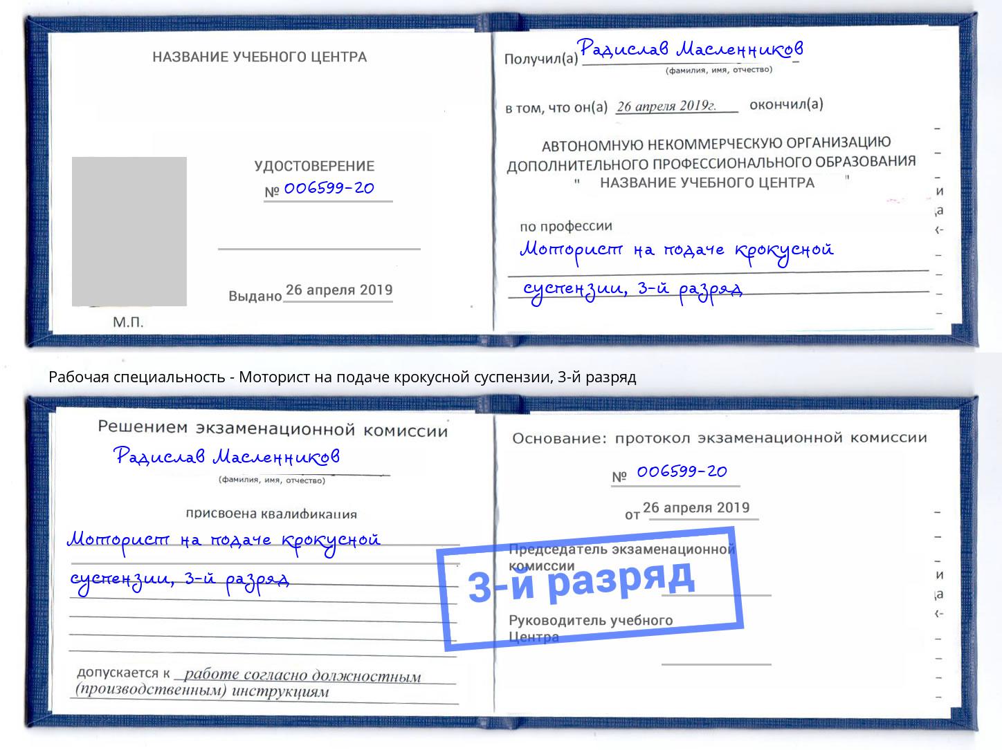 корочка 3-й разряд Моторист на подаче крокусной суспензии Санкт-Петербург