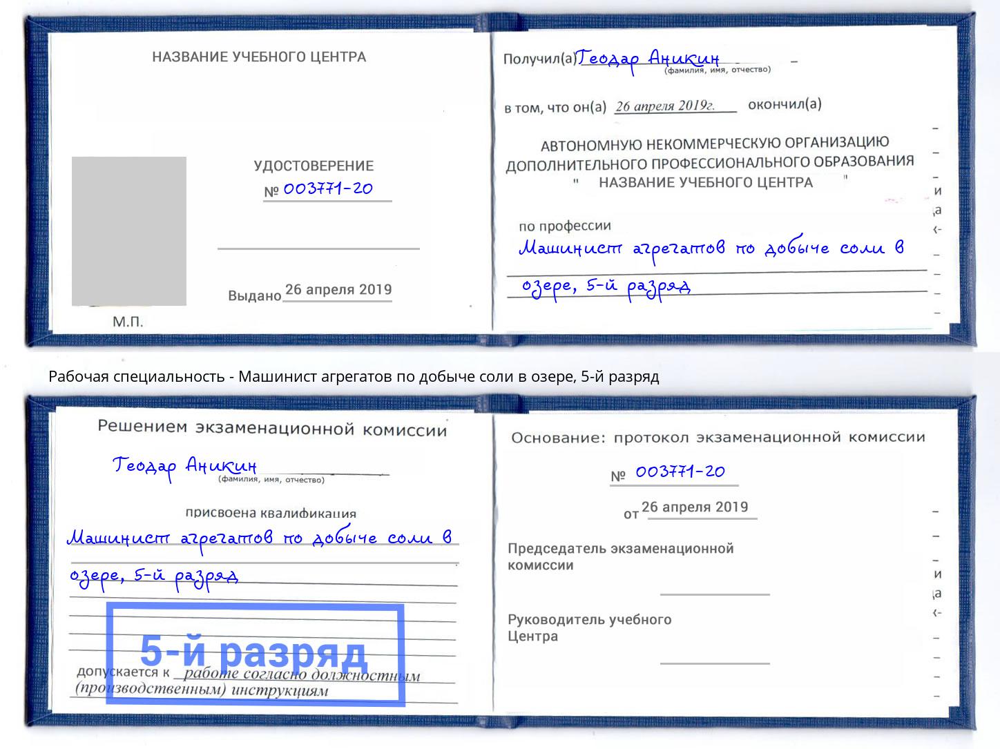 корочка 5-й разряд Машинист агрегатов по добыче соли в озере Санкт-Петербург