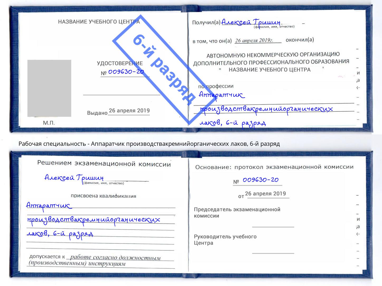 корочка 6-й разряд Аппаратчик производствакремнийорганических лаков Санкт-Петербург