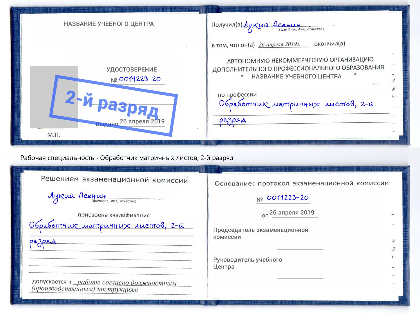 корочка 2-й разряд Обработчик матричных листов Санкт-Петербург